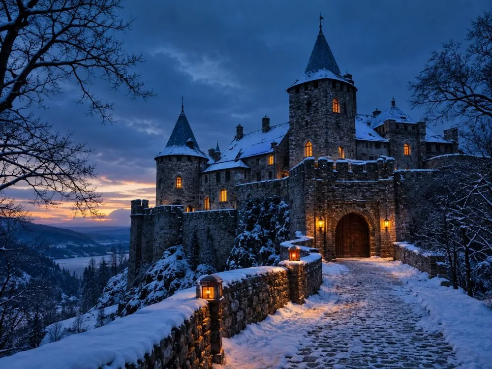 The fortress at winter dusk, when Oslo is dark by about 15:15 in late December.